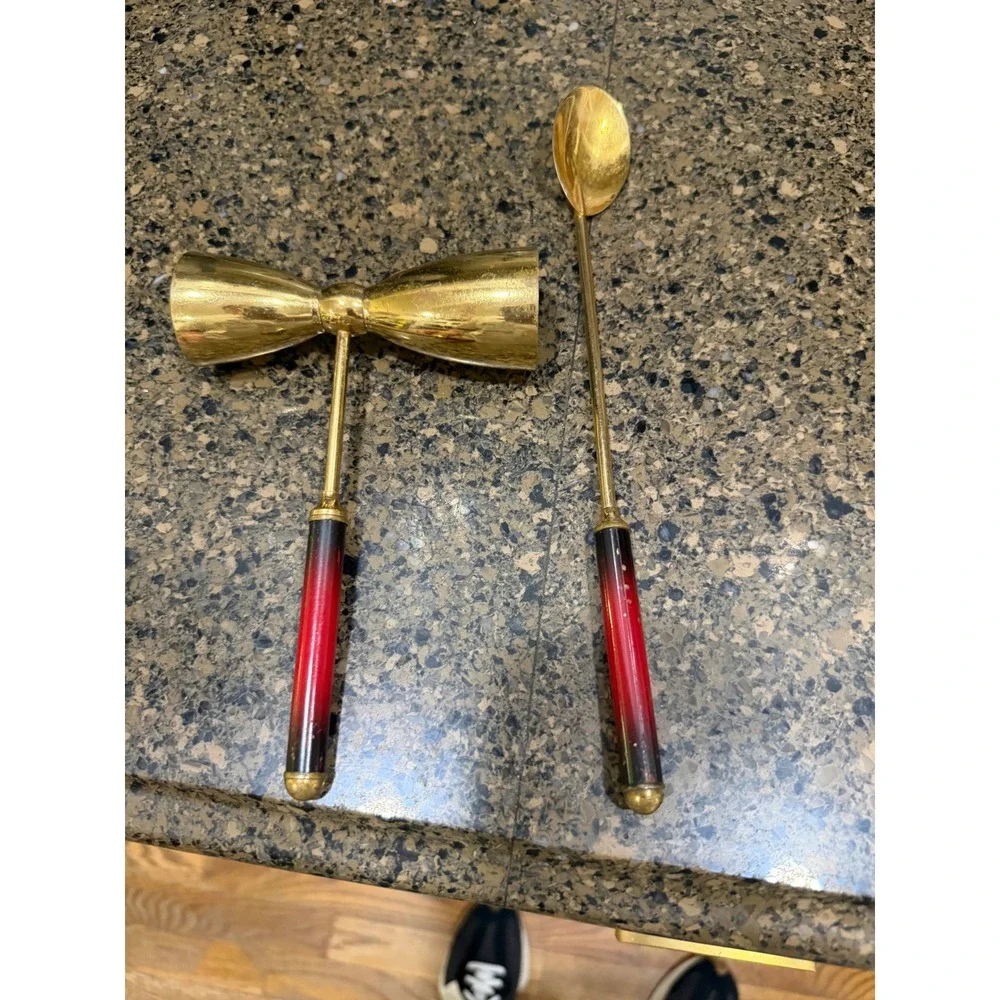 Vintage MCM Gold Tone Barware Set Jigger and Mixing‎ Spoon Red Ombre Handles